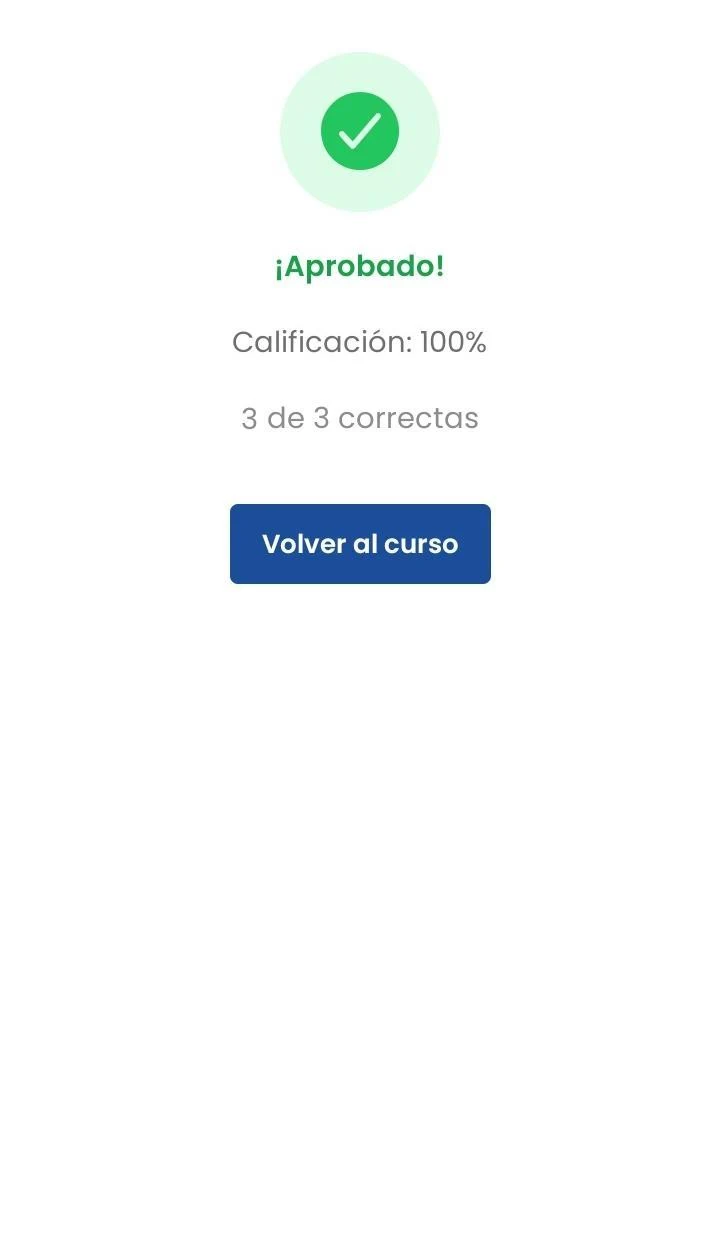 Resultado de evaluación aprobado con calificación del 100%