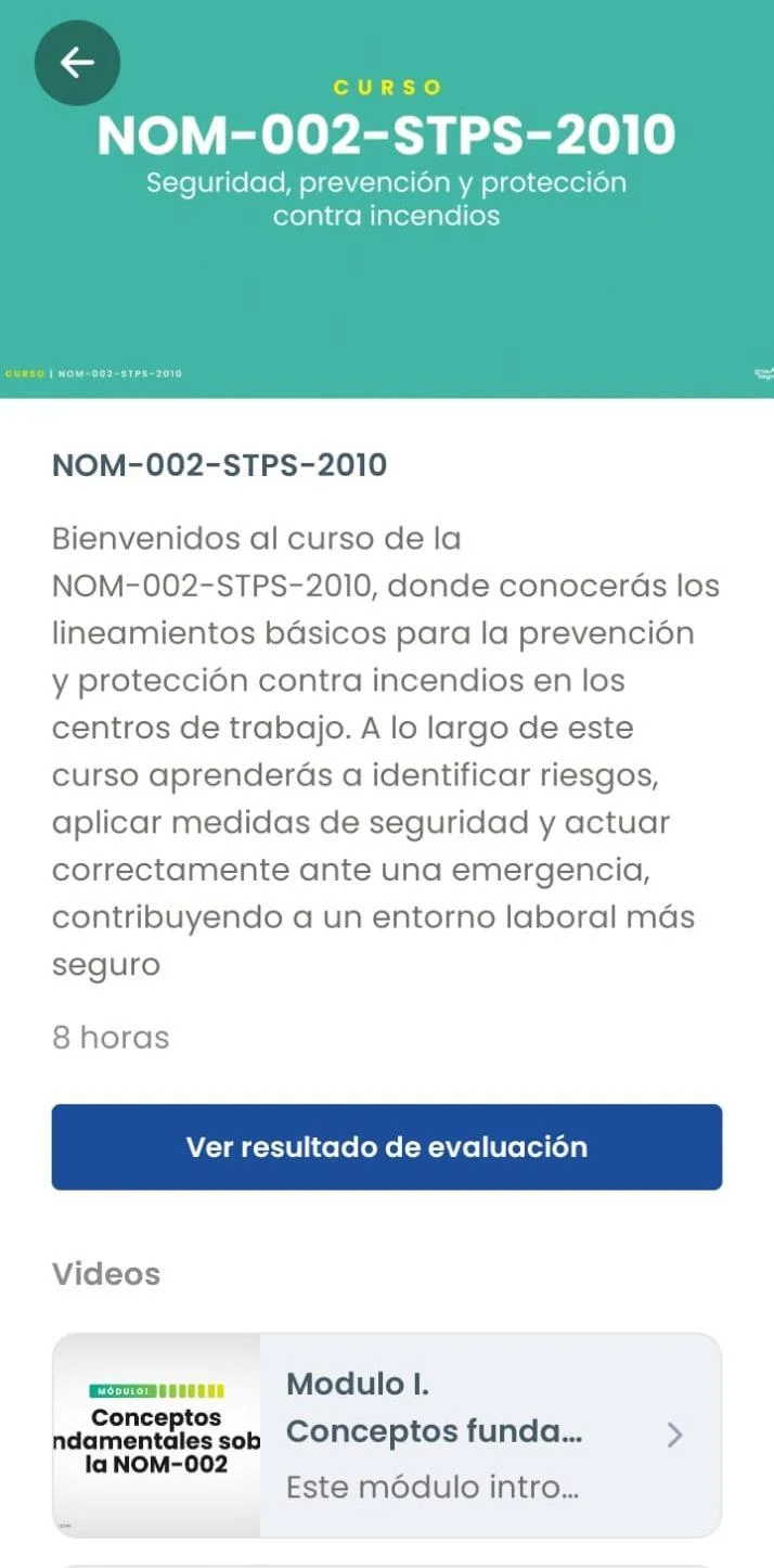 Curso NOM-002-STPS-2010 dentro de la app móvil