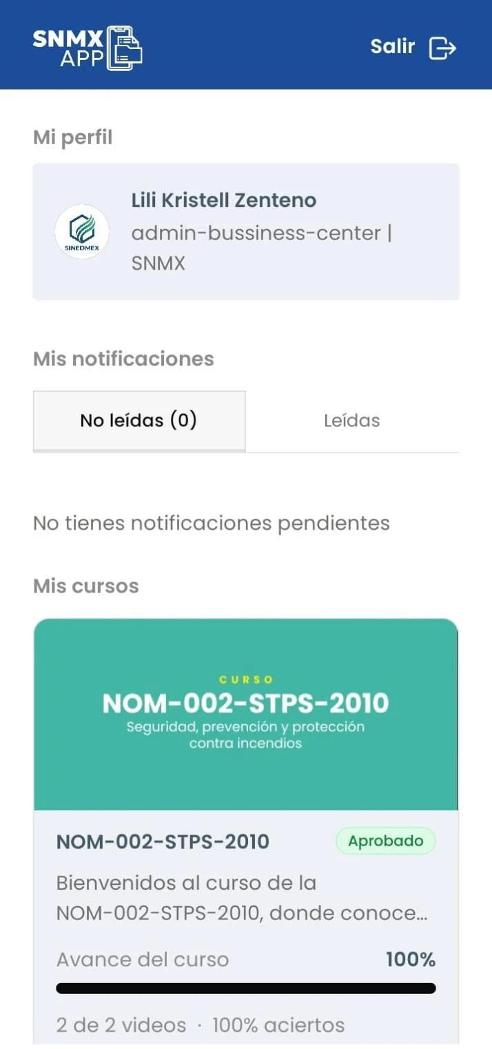 App móvil SNMX: panel principal con cursos asignados