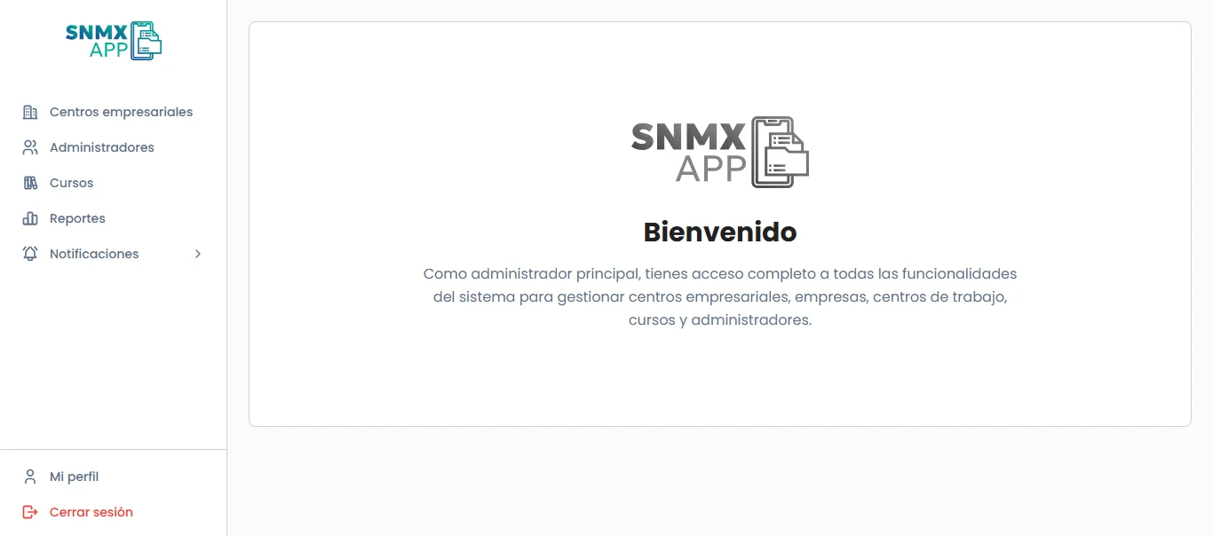 Dashboard de bienvenida del panel de administración SNMX APP